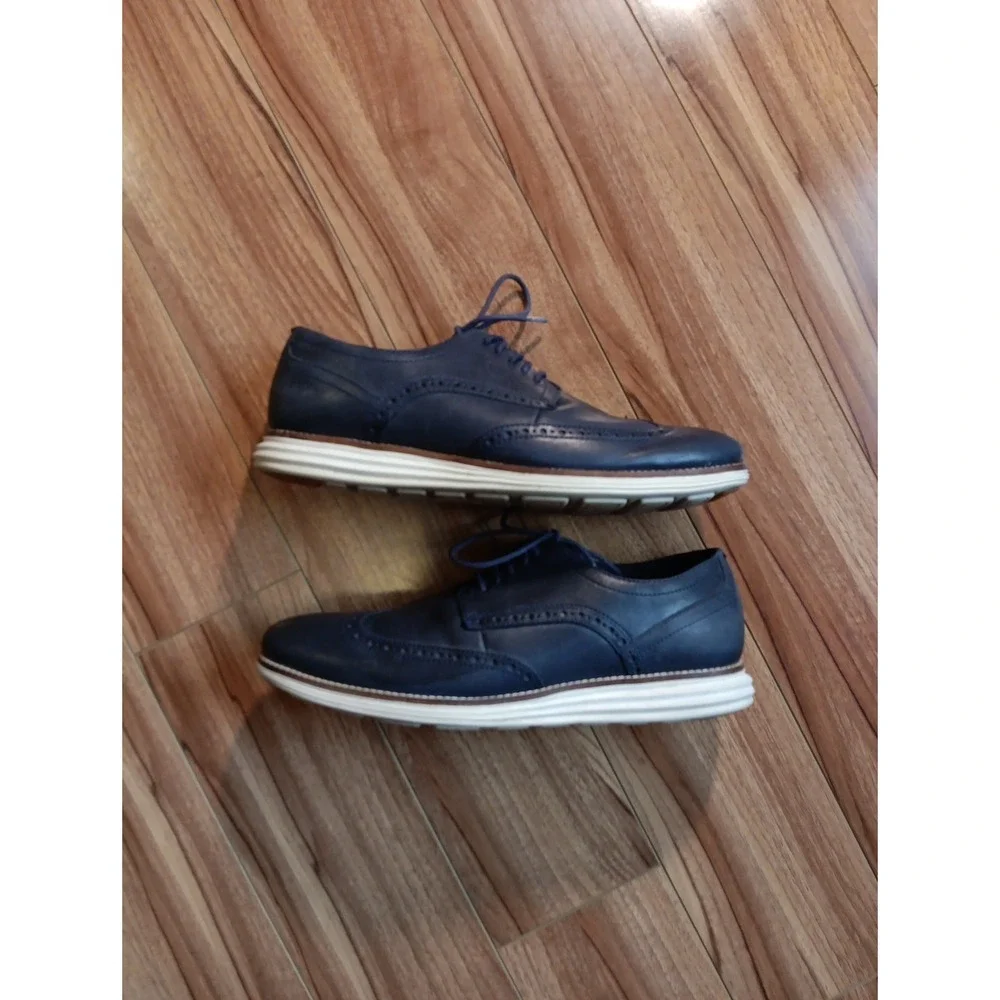 Cole Haan Mens Wingtip Oxford Lace Up Shoes Navy Leather Grand Zero Original 10M